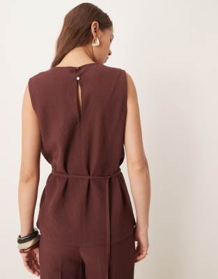 Asos Design Tailored Draped Top With Skinny Belt In Brown