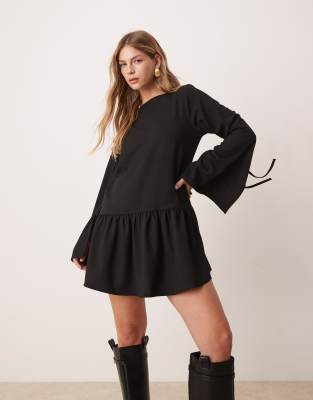 tailored drop waist fit and flare mini dress in black