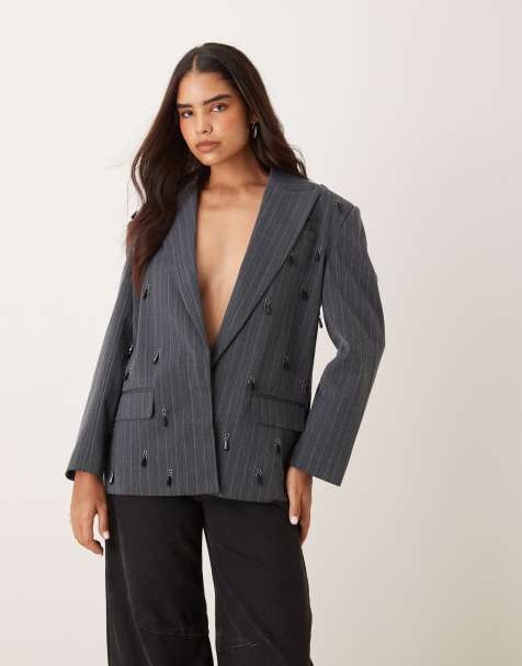 ASOS DESIGN tailored embellished oversized blazer in grey pinstripe