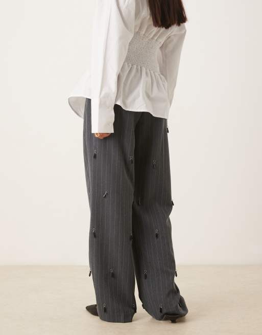 ASOS DESIGN tailored embellished wide leg pants with pleat detail in grey , 3 of 4