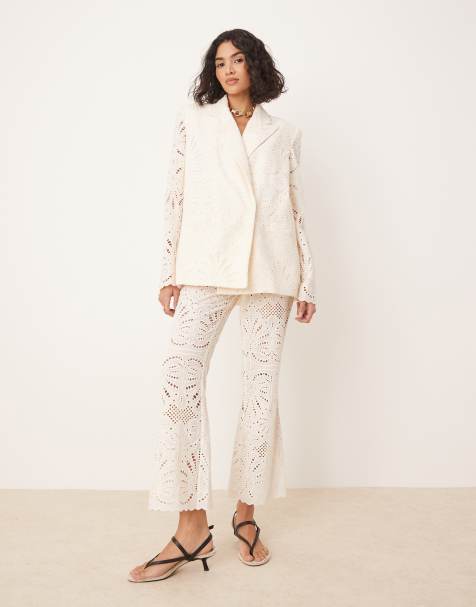 ASOS DESIGN tailored embroidered trousers co-ord in cream - view 1