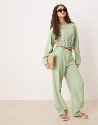 ASOS DESIGN tailored extreme barrel trousers & pleat sleeve detail top co-ord in green