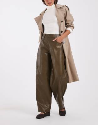 Asos Design Tailored Faux Leather Barrel Pants In Green