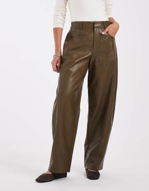 ASOS DESIGN Tailored faux leather barrel pants in khaki, 5 of 5