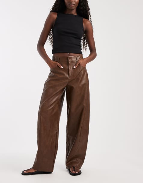 ASOS DESIGN Tailored faux leather barrel trousers in light brown - view 1