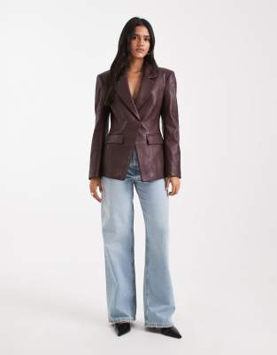 Asos Design Tailored Faux Leather Blazer In Burgundy