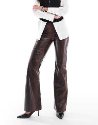 Asos Design Tailored Faux Leather Clean Flare Pants In Brown