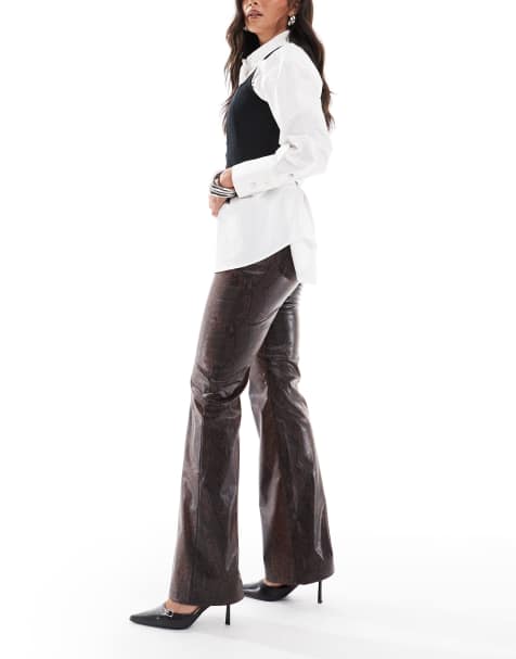 ASOS DESIGN tailored faux leather clean flare trousers in brown snake - view 1