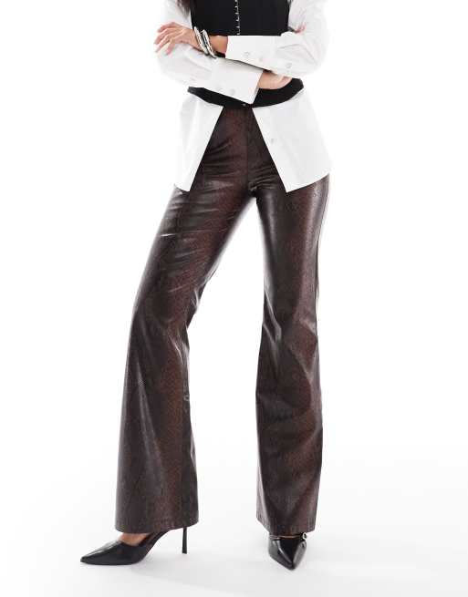 ASOS DESIGN tailored faux leather clean flare trousers in brown snake, 2 of 5