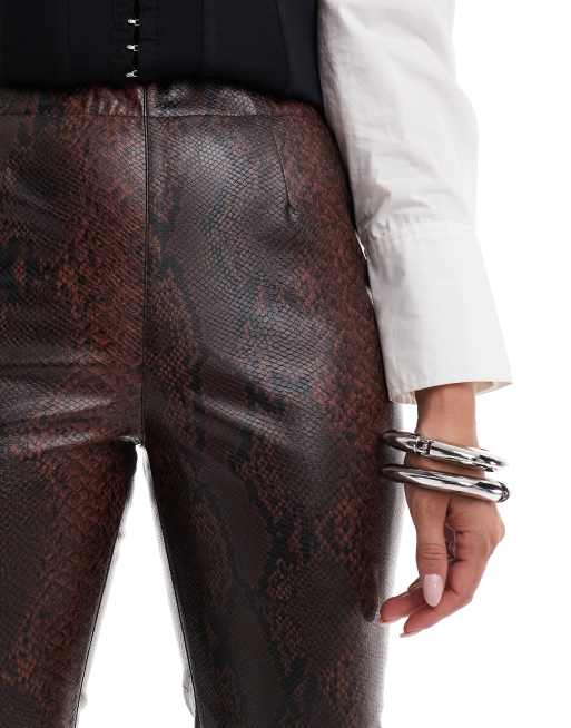 ASOS DESIGN tailored faux leather clean flare trousers in brown snake, 3 of 5