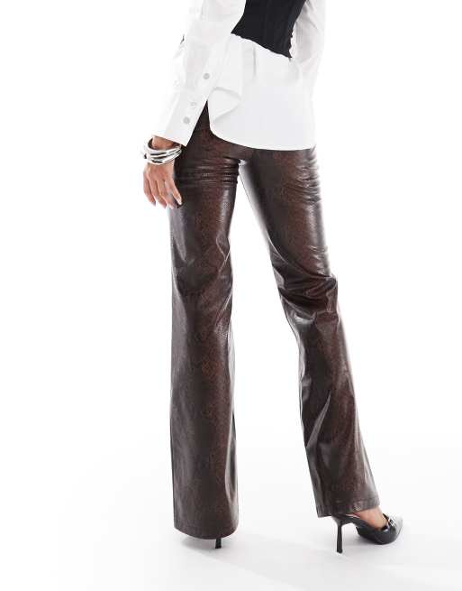 ASOS DESIGN tailored faux leather clean flare trousers in brown snake, 4 of 5