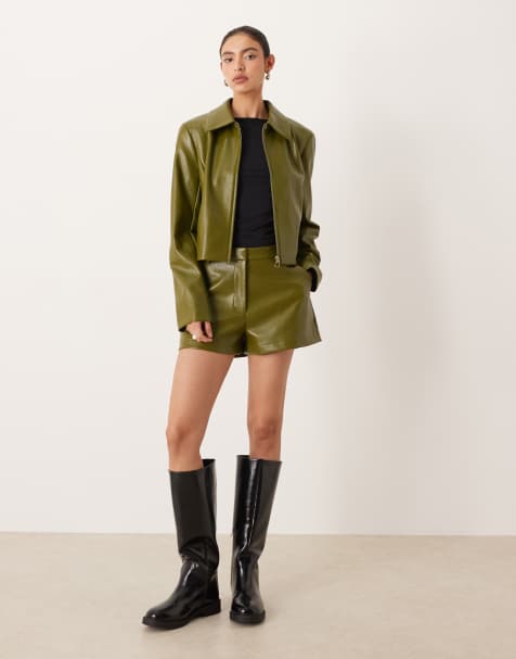 ASOS DESIGN tailored faux leather cropped blazer and shorts co-ord in olive - view 1