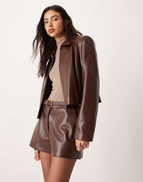 ASOS DESIGN tailored faux leather high waisted shorts co-ord in chocolate