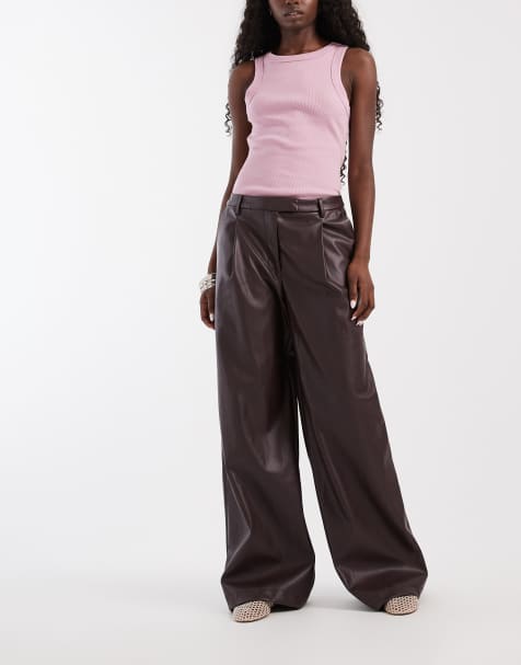 ASOS DESIGN tailored faux leather low rise mensy trousers in burgundy - view 1