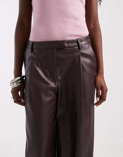 ASOS DESIGN tailored faux leather low rise mensy trousers in burgundy, 3 of 5