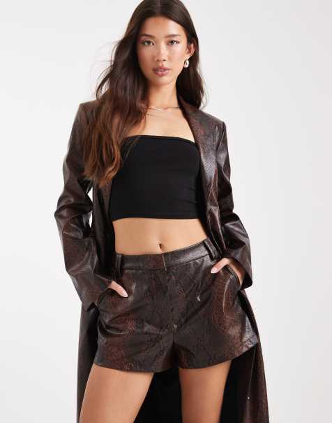 ASOS DESIGN tailored faux leather micro shorts co-ord in brown snake - view 1