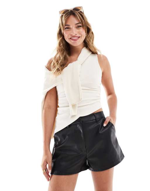 ASOS DESIGN tailored faux leather micro shorts in black , 3 of 5