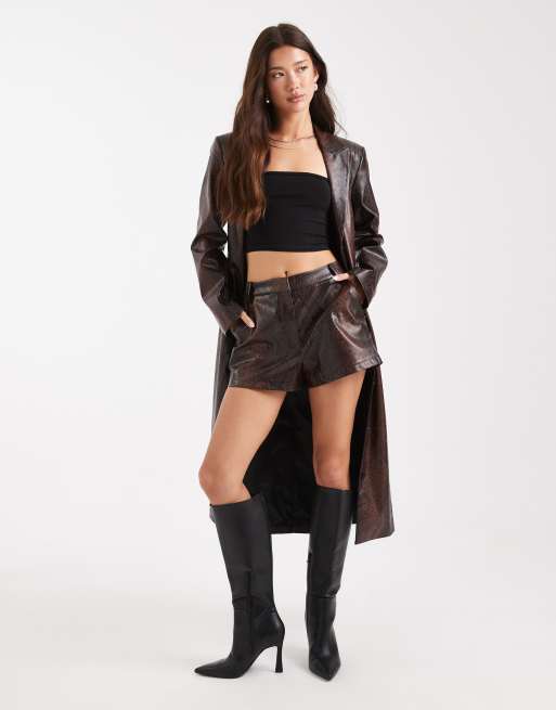 ASOS DESIGN tailored faux leather micro shorts in brown snake (part of a set), 3 of 4