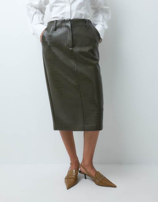 ASOS DESIGN Tailored faux leather pencil skirt in olive croc, 3 of 5