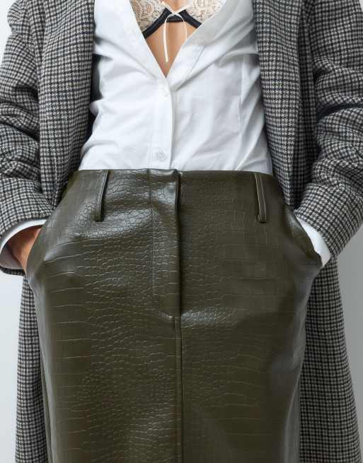 ASOS DESIGN Tailored faux leather pencil skirt in olive croc, 5 of 5