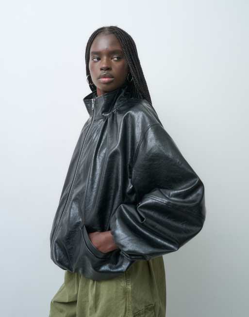 ASOS DESIGN Tailored faux leather track jacket in black, 2 of 4