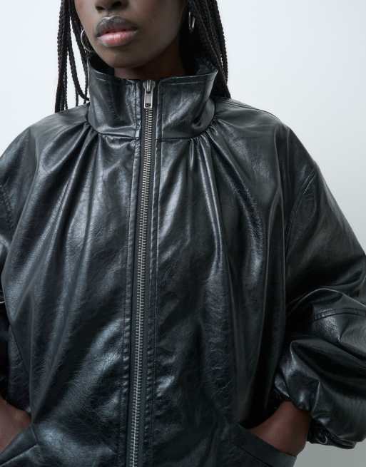 ASOS DESIGN Tailored faux leather track jacket in black, 3 of 4