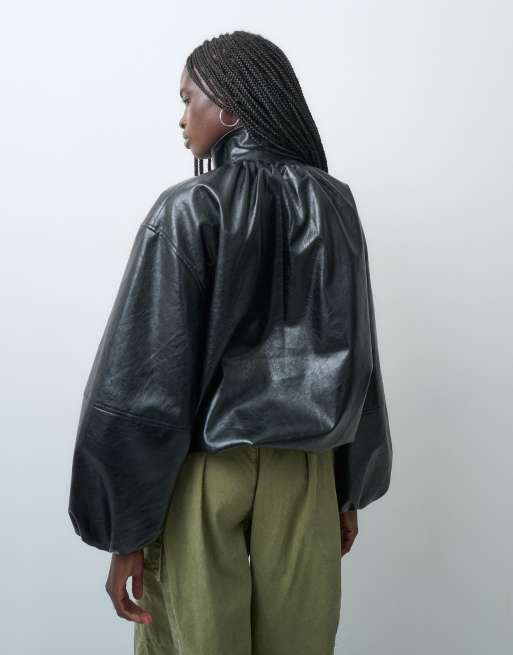ASOS DESIGN Tailored faux leather track jacket in black, 4 of 4
