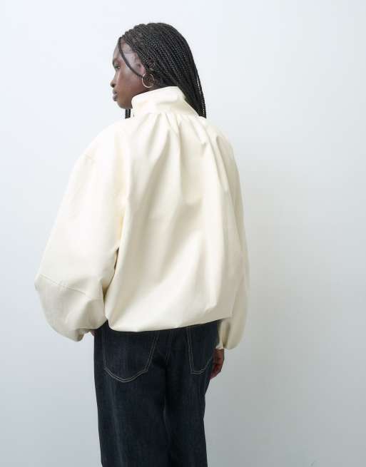 ASOS DESIGN Tailored faux leather track jacket in cream, 3 of 4