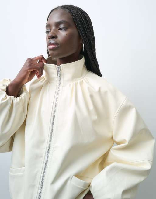 ASOS DESIGN Tailored faux leather track jacket in cream, 4 of 4