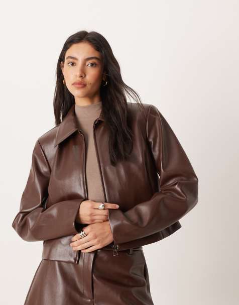 ASOS DESIGN tailored faux leather zip front cropped blazer in chocolate - part of a set - view 1