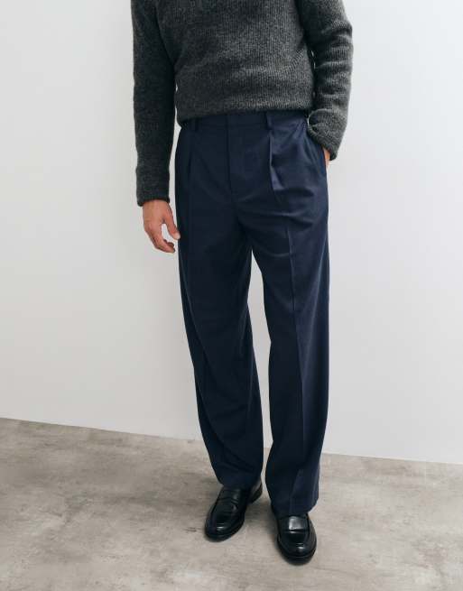 ASOS DESIGN tailored flannel pleated wide leg pants in navy, 5 of 5