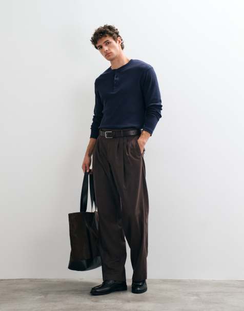 ASOS DESIGN tailored flannel pleated wide leg trousers in dark brown - view 1