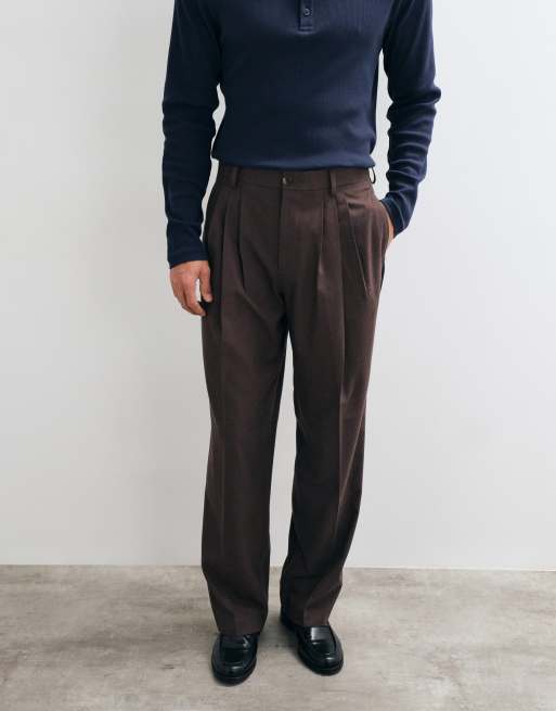 ASOS DESIGN tailored flannel pleated wide leg trousers in dark brown, 3 of 5