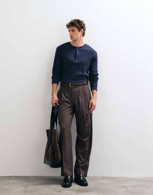 ASOS DESIGN tailored flannel pleated wide leg trousers in dark brown, 4 of 5
