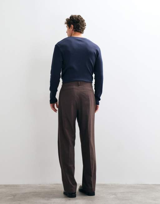 ASOS DESIGN tailored flannel pleated wide leg trousers in dark brown, 5 of 5