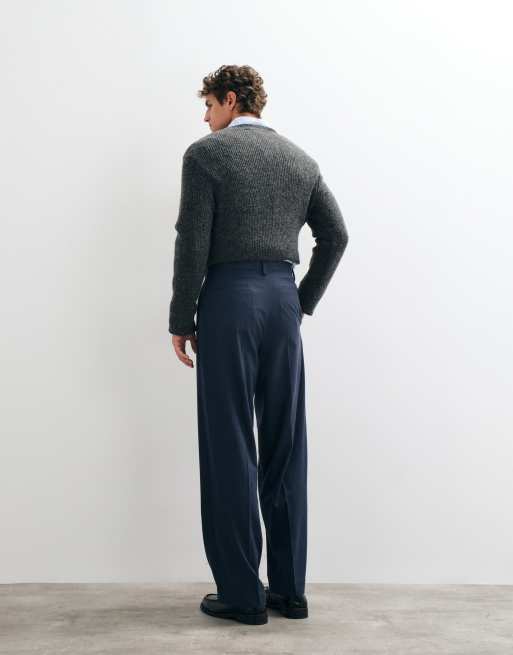 ASOS DESIGN tailored flannel pleated wide leg trousers in navy, 2 of 5