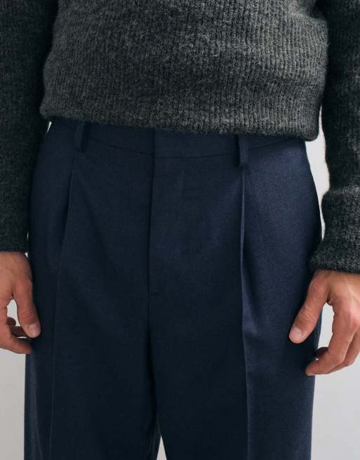 ASOS DESIGN tailored flannel pleated wide leg trousers in navy, 3 of 5