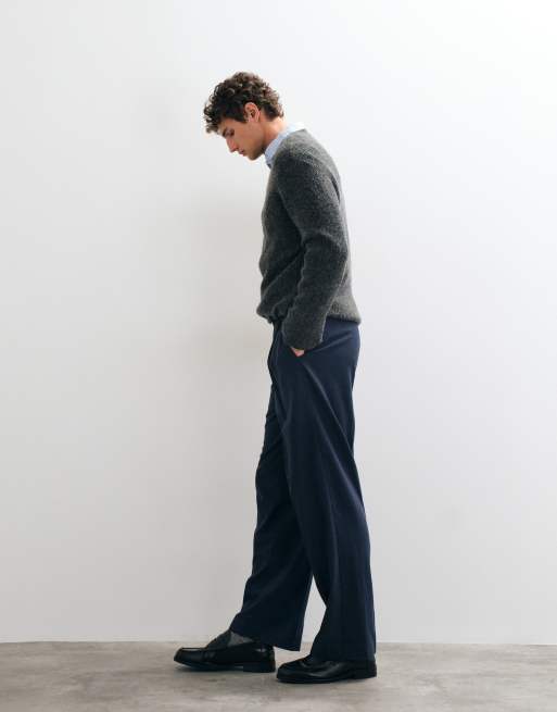 ASOS DESIGN tailored flannel pleated wide leg trousers in navy, 4 of 5