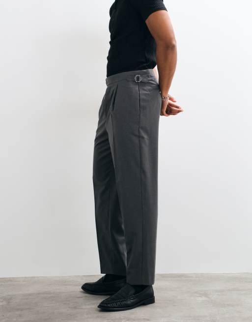 ASOS DESIGN tailored flannel relaxed tapered pants in charcoal with side adjusters, 2 of 5