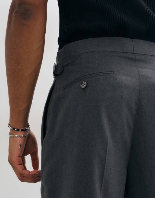 ASOS DESIGN tailored flannel relaxed tapered pants in charcoal with side adjusters, 4 of 5