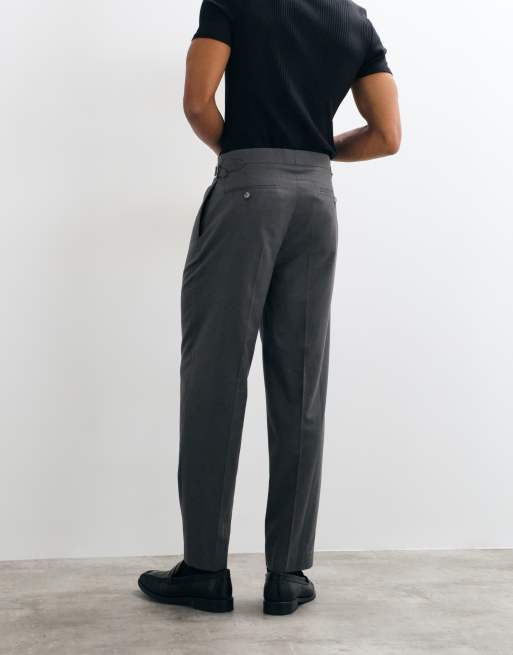 ASOS DESIGN tailored flannel relaxed tapered pants in charcoal with side adjusters, 5 of 5