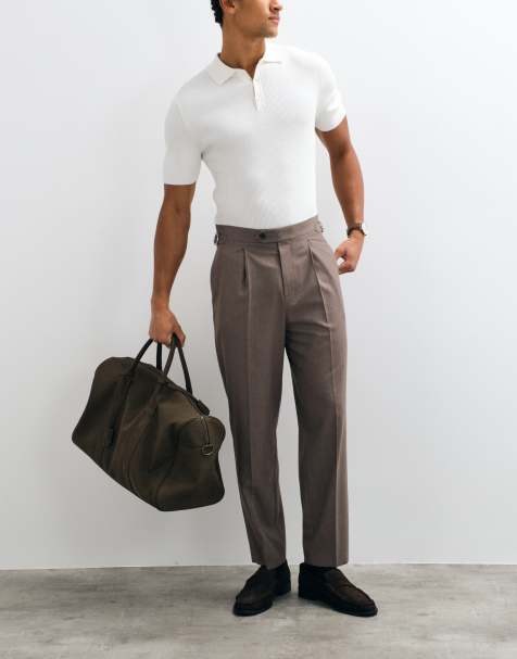 ASOS DESIGN tailored flannel relaxed tapered pants in stone with side adjusters - view 1