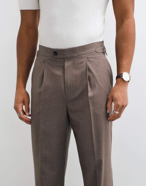 ASOS DESIGN tailored flannel relaxed tapered pants in stone with side adjusters, 4 of 5
