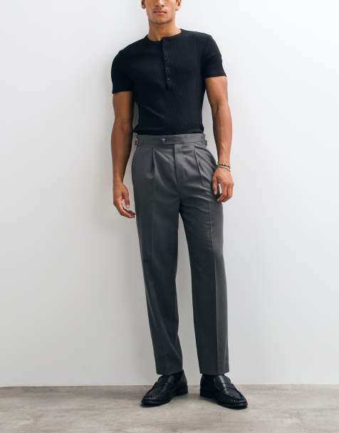 ASOS DESIGN tailored flannel relaxed tapered trousers in charcoal with side adjusters - view 1