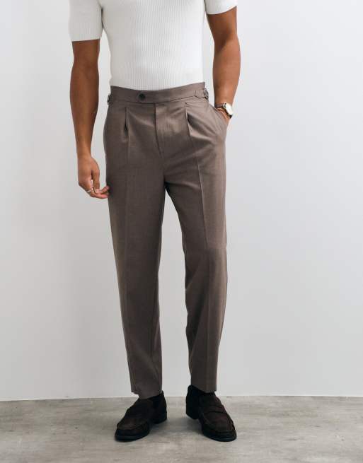ASOS DESIGN tailored flannel relaxed tapered trousers in stone with side adjusters, 3 of 5