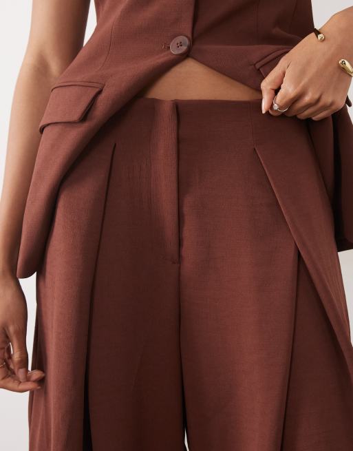 ASOS DESIGN tailored floaty deep pleat horseshoe pants in brown, 2 of 5