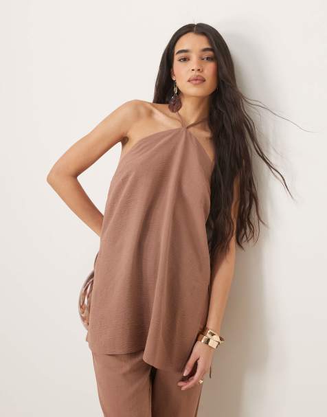 ASOS DESIGN tailored floaty halter neck co-ord in mocha - view 1
