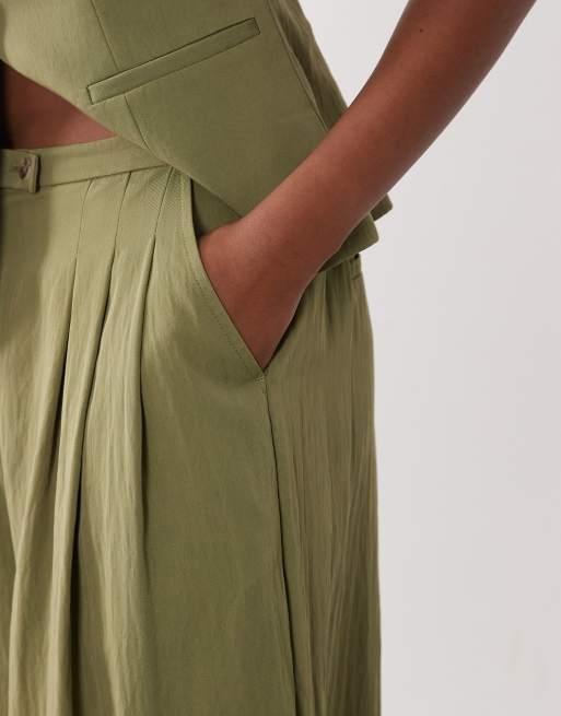 ASOS DESIGN Tailored floaty skinny waistband triple pleat pants in sage, 5 of 5