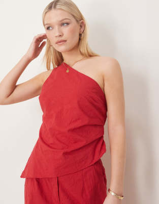 Asos Design Tailored Flower Textured Off-the-shoulder Top In Red