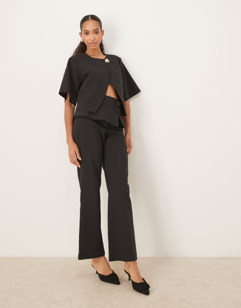 ASOS DESIGN tailored fold over gold button straight leg trousers in black 